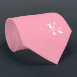 Flamingo Pink Elegant Monogram   Name one sided ネクタイ<br><div class="desc">An elegant necktie featuring a bold white monogram across a Flamingo Pink background.  On top of this monogram sits your first or last name spelled out in all capitals.  Over 40  unique colors are available in both one-sided and two-sided versions. You can browse them by clicking the collection link.</div>