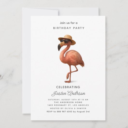 Flamingo Pink Flowers Birthday Party Invitation シーズンカード (正面)