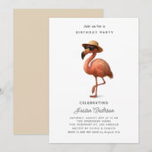 Flamingo Pink Flowers Birthday Party Invitation シーズンカード (正面/裏面)