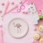 Flamingo Pink Stripe Birthday Tropical ペーパープレート (パーティー)