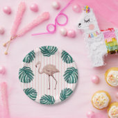 Flamingo Pink Stripe Birthday Tropical ペーパープレート (パーティー)