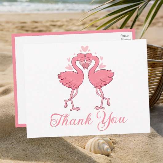 Flamingo Pink Tropical Beach Wedding Thank You ポストカード