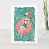 Flamingo Pool Floatie Watercolor カード (正面)