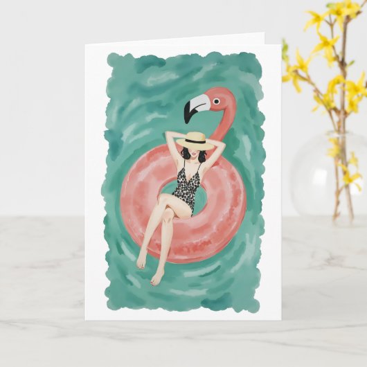 Flamingo Pool Floatie Watercolor カード (黄色い花)