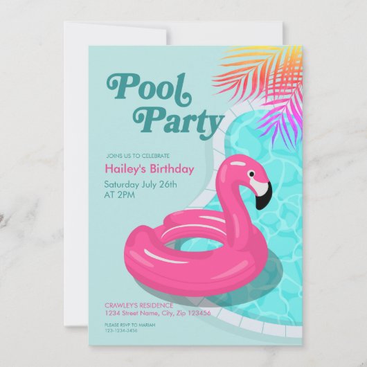 Flamingo Pool Party Birthday Invite Pink 招待状 (正面)