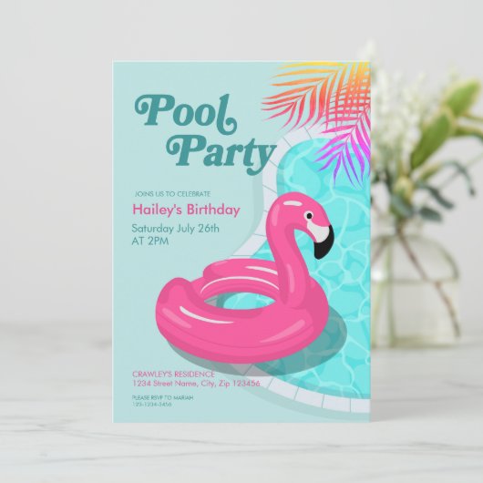 Flamingo Pool Party Birthday Invite Pink 招待状 (スタンド正面)