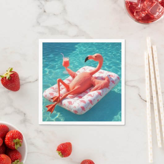 Flamingo Relaxing On a Pool Mattress スタンダードカクテルナプキン (インサイチュ)