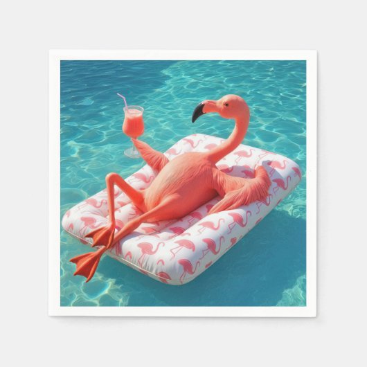 Flamingo Relaxing On a Pool Mattress スタンダードカクテルナプキン (正面)