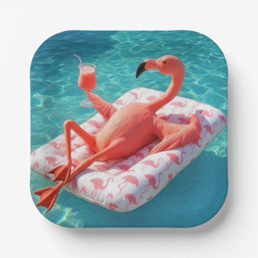 Flamingo Relaxing On a Pool Mattress ペーパープレート (正面)