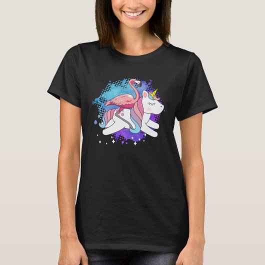 Flamingo Riding A Unicorn Flamingo Bird Tシャツ (正面)