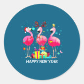 Flamingo Santa Hat Happy New Year Light Long Sleev ラウンドシール (正面)