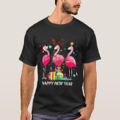 Flamingo Santa Hat Happy New Year Light Long Sleev Tシャツ (正面)