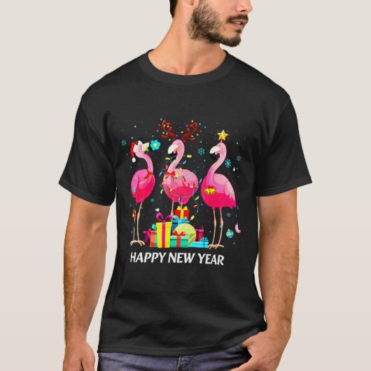 Flamingo Santa Hat Happy New Year Light Long Sleev Tシャツ (正面)