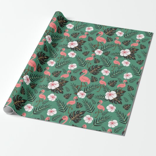 Flamingo seamless pattern pink on green background ラッピングペーパー (アンロールド)