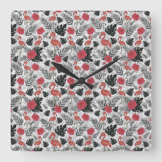 Flamingo seamless pattern with floral background スクエア壁時計 (正面)