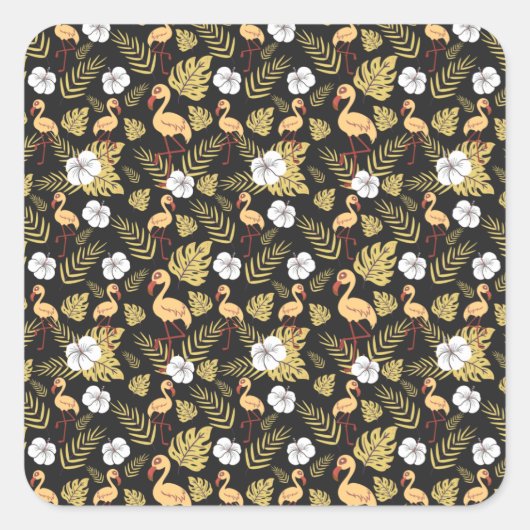 Flamingo seamless pattern yellow and white flowers スクエアシール (正面)