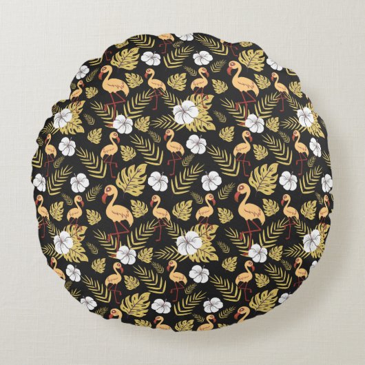 Flamingo seamless pattern yellow and white flowers ラウンドクッション (正面)