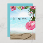 Flamingo Summer POOLパーティービーチ日付の保存 案内ポストカード (正面/裏面)