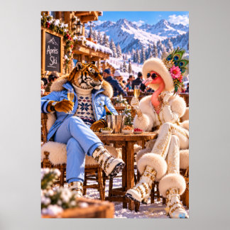 Flamingo & Tiger in the Alps — Winter Après-Ski Po ポスター