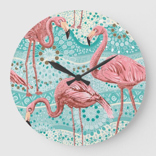 Flamingo Tropical:ヴィンテージフローラ壁紙 ラージ壁時計 (正面)