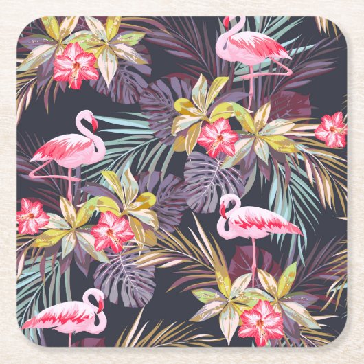 Flamingo Tropical：夏の継ぎ目のないパターン スクエアペーパーコースター (正面)