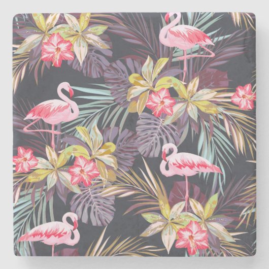 Flamingo Tropical：夏の継ぎ目のないパターン ストーンコースター (正面)