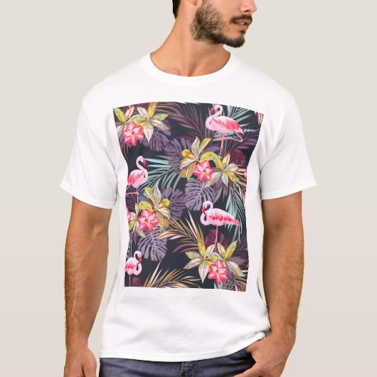 Flamingo Tropical：夏の継ぎ目のないパターン Tシャツ (正面)