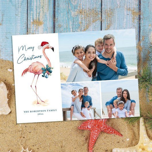 Flamingo Tropical Beach Christmas Photo シーズンカード