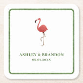 Flamingo Tropics Beach Coastal Retro Wedding スクエアペーパーコースター (正面)