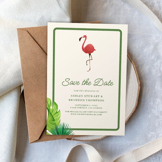Flamingo Tropics Coastal Wedding Save the Date 招待状