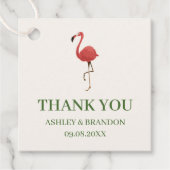 Flamingo Tropics Green and Pink Wedding Thank You フェイバータグ (正面)