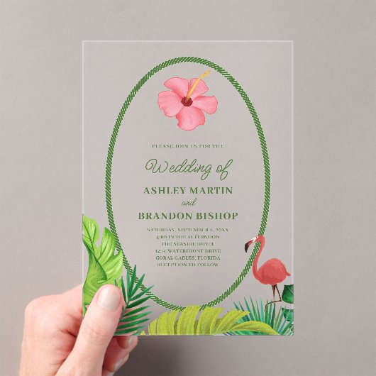 Flamingo Tropics Retro Wedding Acrylic Invitation アクリル招待状 (インサイチュ (ポータブル))