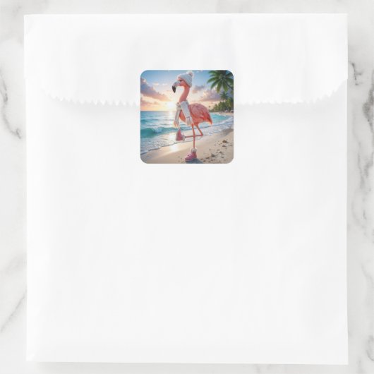 Flamingo Wearing Winter Boots and Scarf スクエアシール (バッグ)