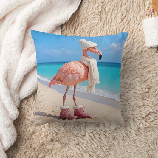 Flamingo Wearing Winter Scarf and Hat クッション (ブランケット)