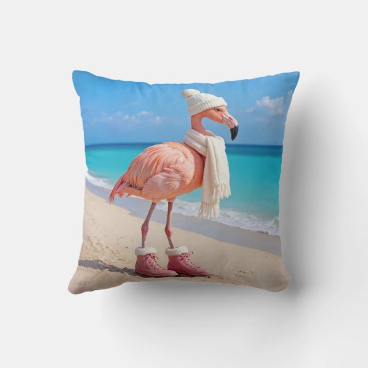 Flamingo Wearing Winter Scarf and Hat クッション (裏面)