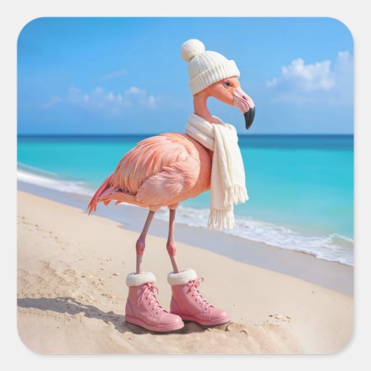 Flamingo Wearing Winter Scarf and Hat スクエアシール (正面)