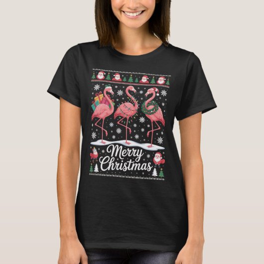 Flamingo Weihnachts Shirt mit Santa und Geschenk Tシャツ (正面)