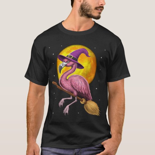 Flamingo Witch Riding Broom Tシャツ (正面)