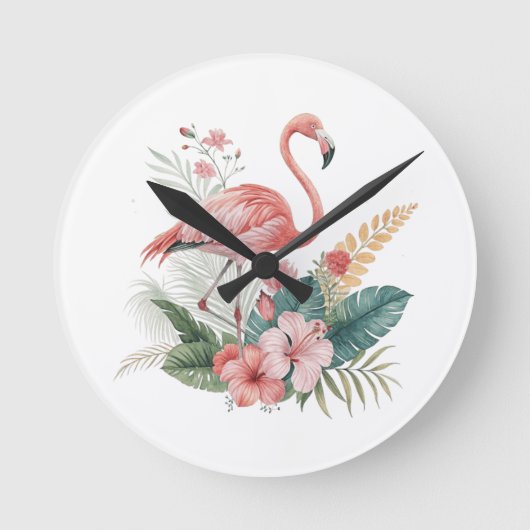 Flamingo With Flowers ラウンド壁時計 (正面)