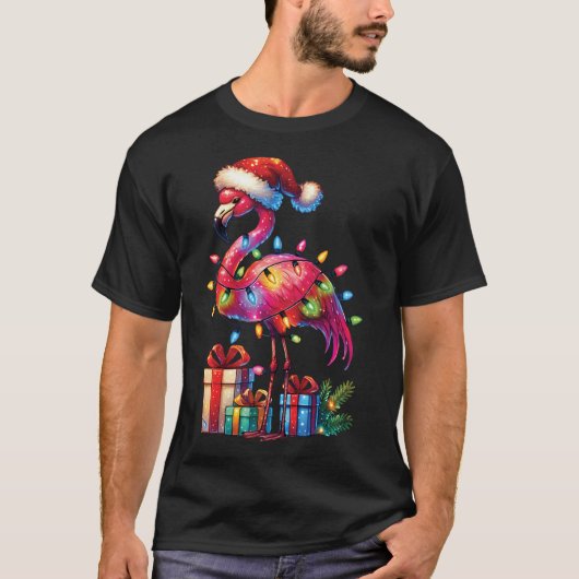 Flamingo With Santa Hat Christmas Tropicalクリスマス Tシャツ (正面)