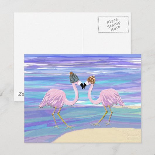 Flamingos in Knitted Hats ポストカード (正面/裏面)