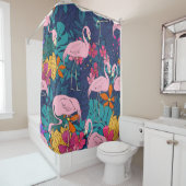 Flamingos on a background of tropical leaves and f シャワーカーテン (インサイチュ)