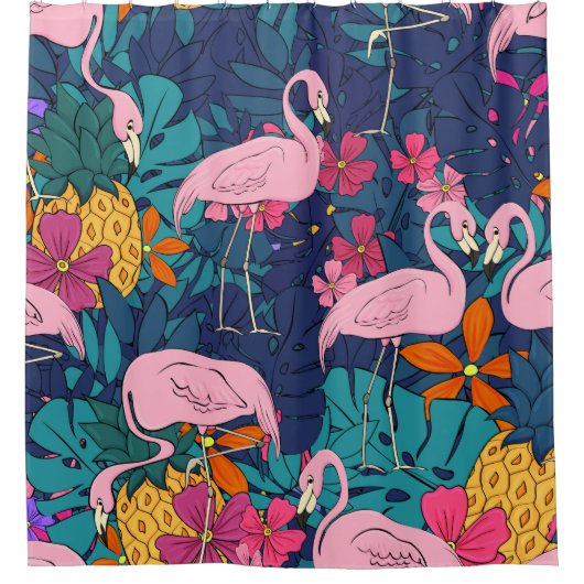 Flamingos on a background of tropical leaves and f シャワーカーテン (正面)