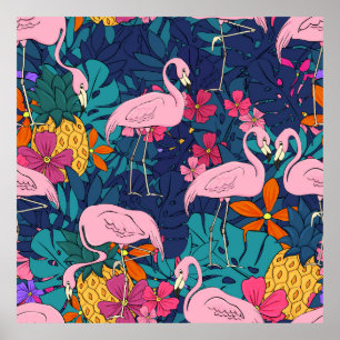 Flamingos on a background of tropical leaves and f ポスター