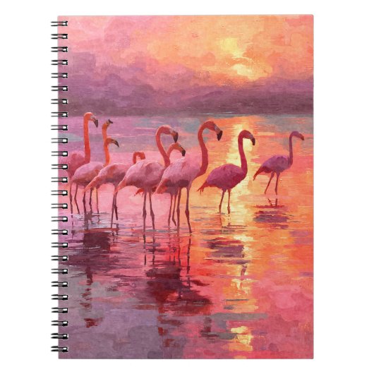 Flamingos Pink Sunset Water Reflection Art ノートブック (正面)