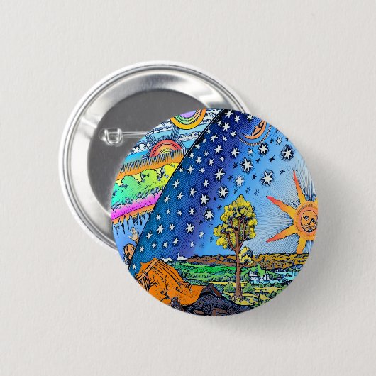 Flammarionの木版画の平らな地球のデザインの正方形色 缶バッジ (正面&裏面)