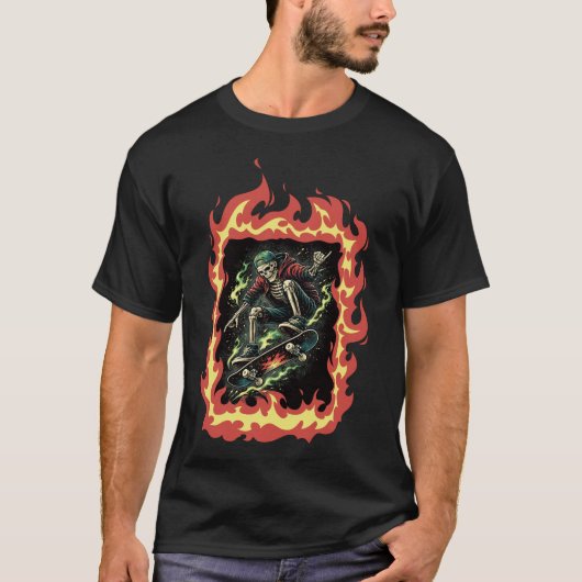 Flammen Skelett Skateboard Tシャツ (正面)