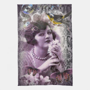 Flapper Girlヴィンテージのダマスク織の20年代のパリの女性 キッチンタオル