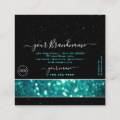 Flashyブラックとティール（緑がかった色）きらめくグリッター（ロゴ付き） スクエア名刺 (裏面)