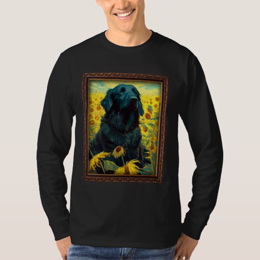 Flat Coated Retriever Painting Sunflower Flower Mo Tシャツ (正面)